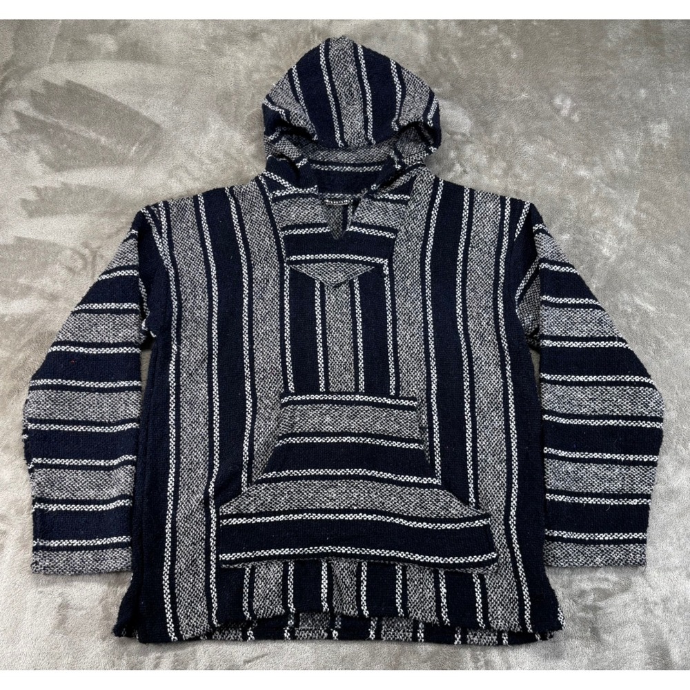 Unbranded Baja Hoodie Mens L Navy Blue White Striped Drug Rug Pullover Excellent
